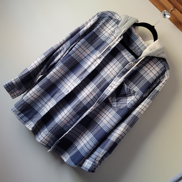 VANILLA STAR Blue Flannel Long Sleeve Button Down Hoodie Junior Women's XXL - Picture 4 of 15